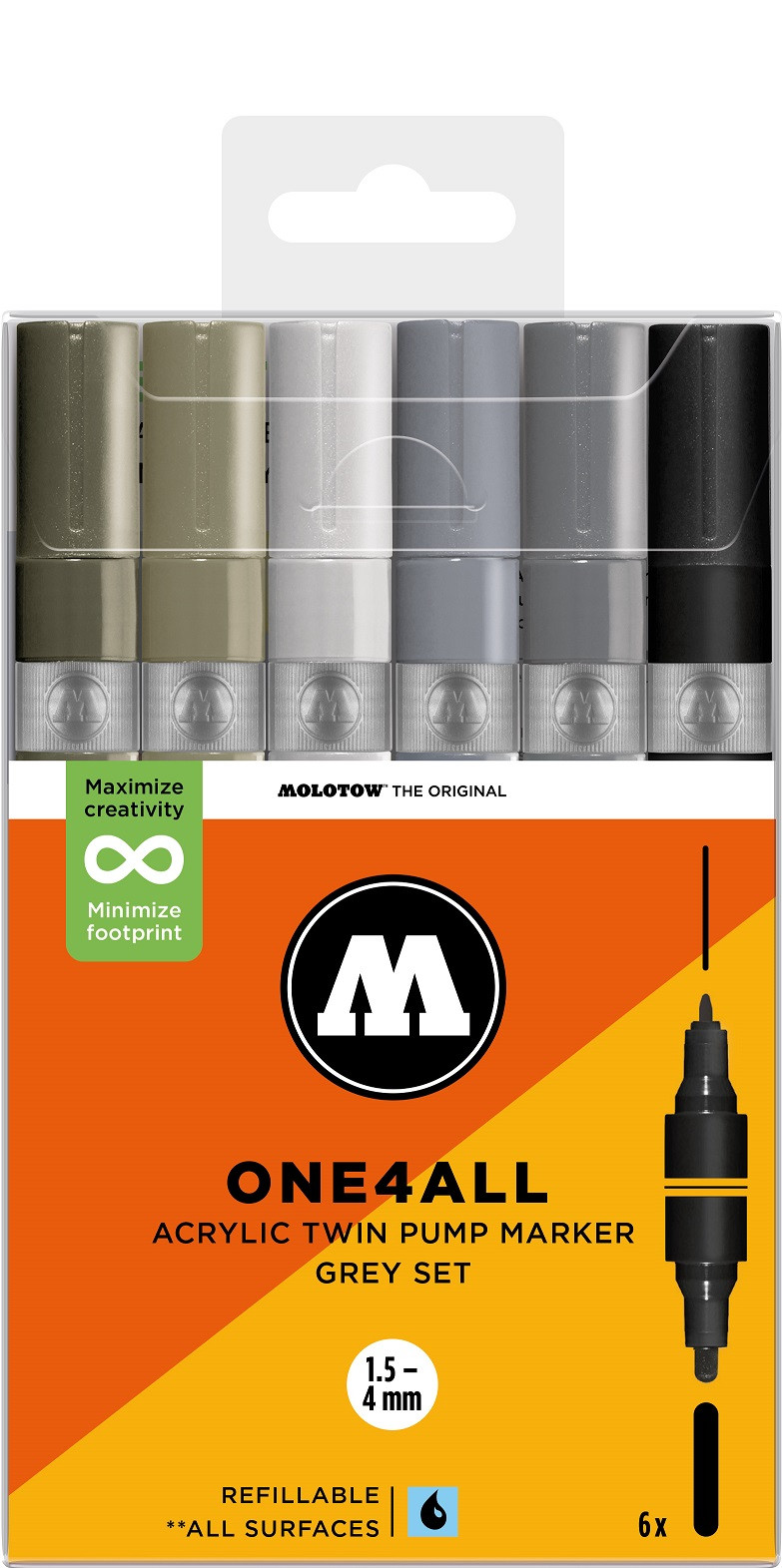 ONE4ALL™ Acrylic Twin 1,5mm/4mm 6x Grey Set-Clear Box